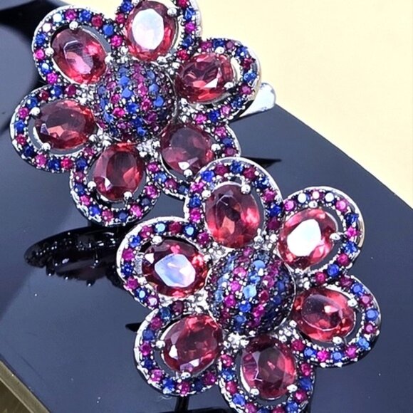 925 Sterling Silver Flower Earrings with Natural Garnet, Sapphire, Ruby Gems - Picture 1 of 8